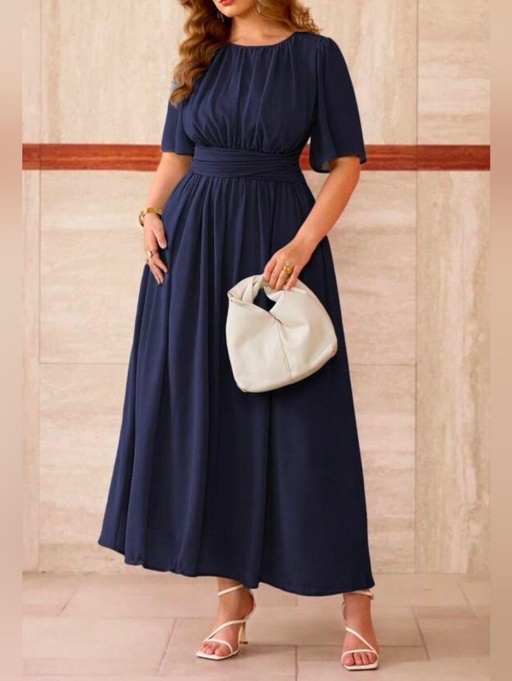 New Flowy Chiffon Gathered Tie Waist Long Dress PLUS Navy Blue
